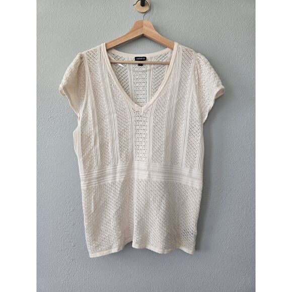 Torrid 2X Ivory Pointelle Knit Top | Plus V Neck Short Sleeve Sweater Blouse - Picture 3 of 9
